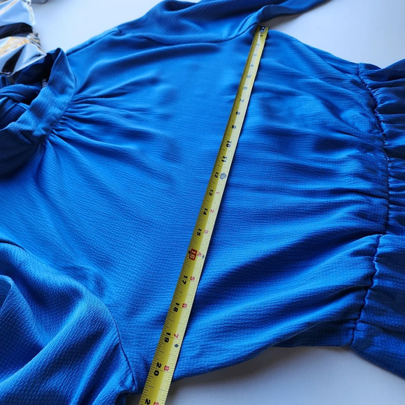 NWT BTFBM Blue Turquoise 3/4 Sleeve Satin Mini Stretch Dress A-Line Ruffle Hem L - Picture 11 of 16